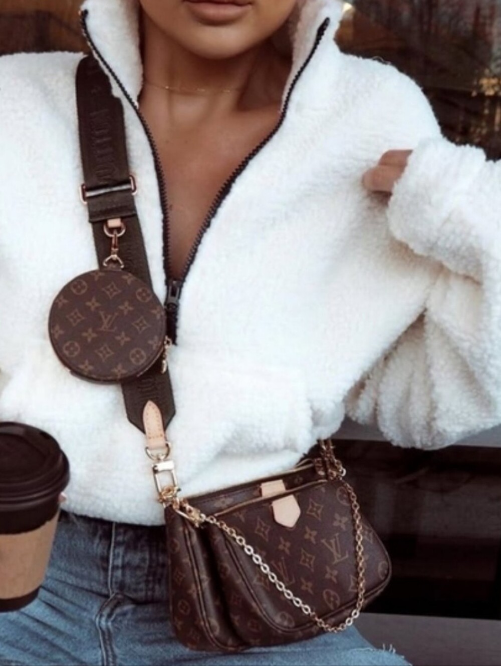 🟤3 in 1 Luxy Monogram Coco Crossbody Bag with Chain Accent Brown Strap
